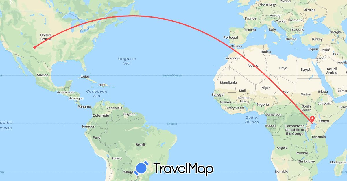TravelMap itinerary: driving, hiking in Uganda, United States (Africa, North America)